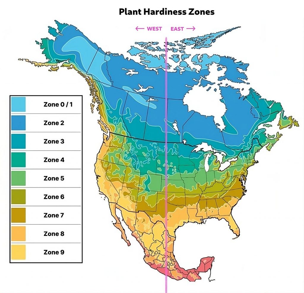 Map of North America indicating hardiness zones